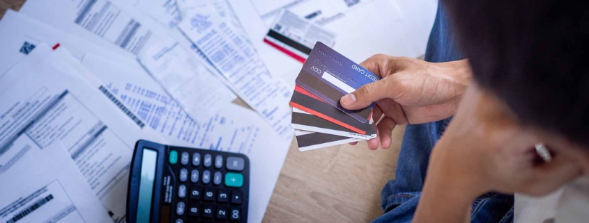 Man holding credit cards stressfully