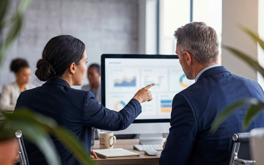 Professional Business Colleagues Collaborating And Analyzing Data On A Computer Screen
