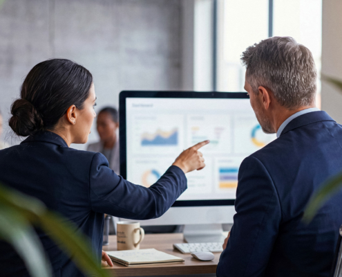 Professional Business Colleagues Collaborating And Analyzing Data On A Computer Screen